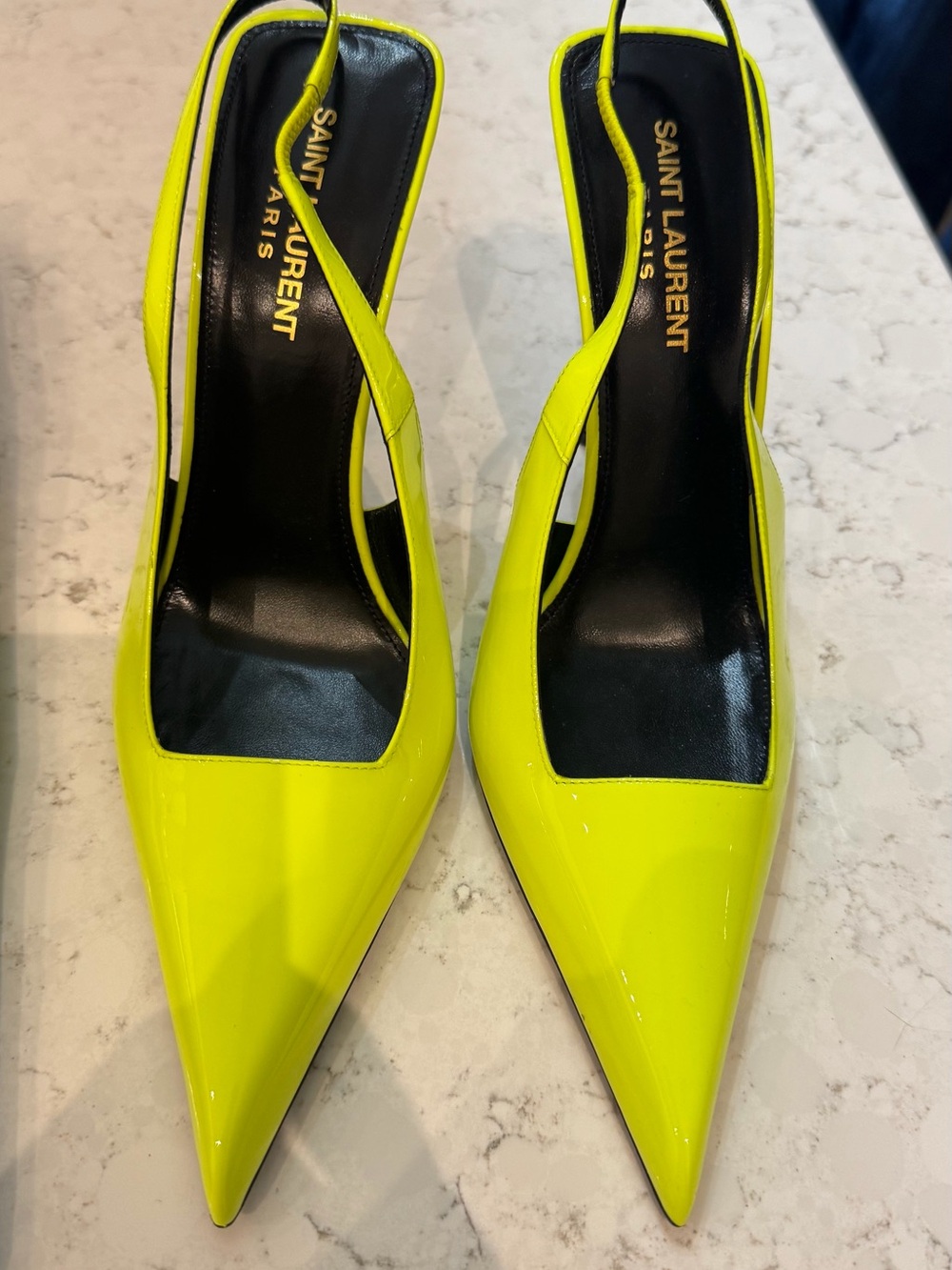 Saint Laurent Neon Lime Patent Slingback Pumps